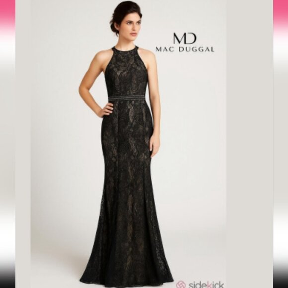 NWT MAC DUGGAL | Evening Gown Lace Dress Slit Halter Black Nude Sz 10 - Picture 1 of 6